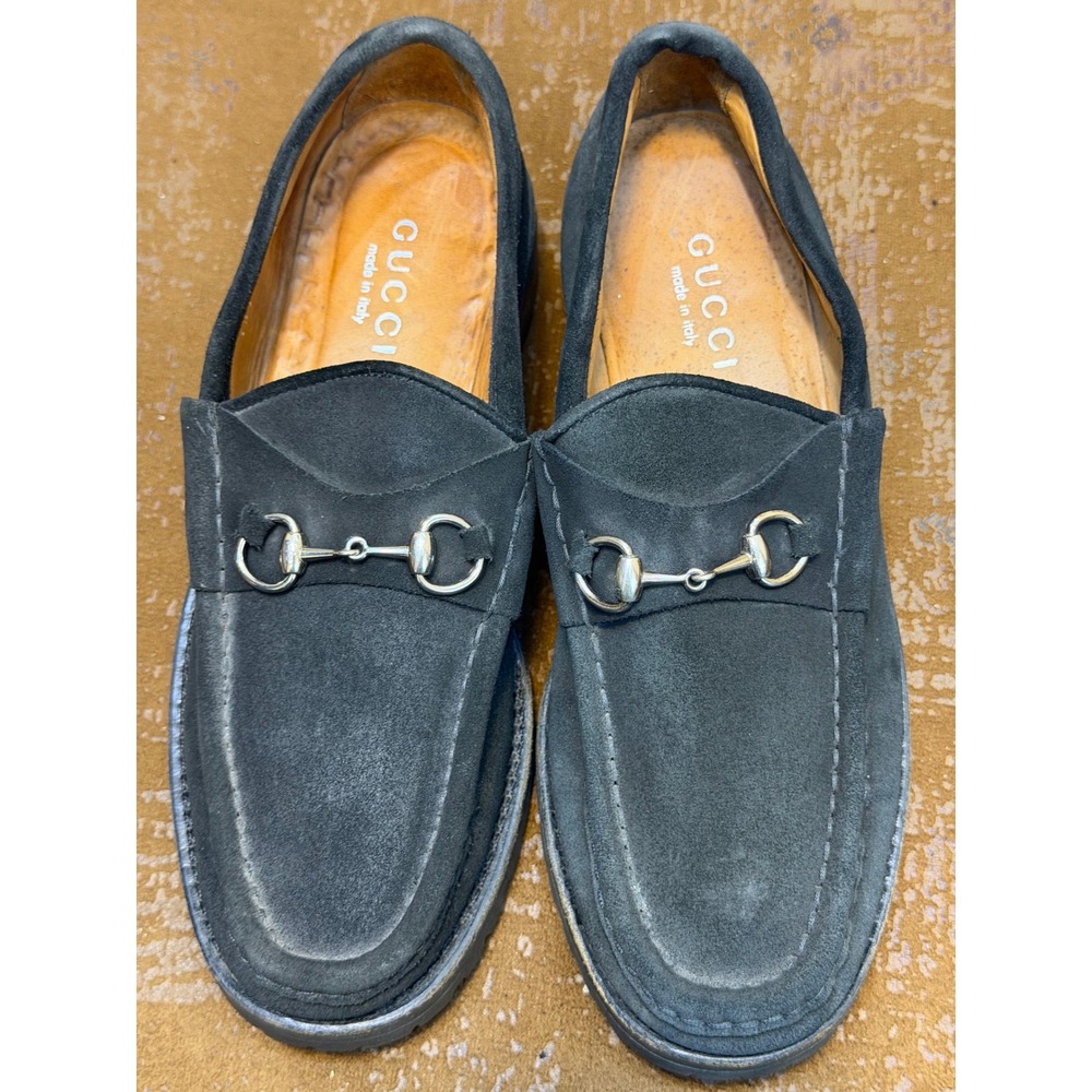 Gucci Black Suede Horsebit Loafers Lug Sole Mens 8 Italy 101 6105/4